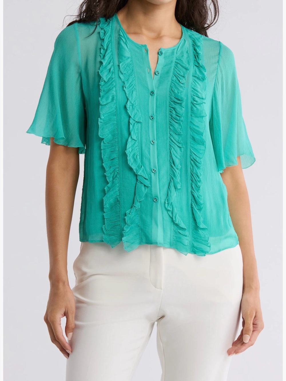Joie Teal Ruffle Button-Front Blouse